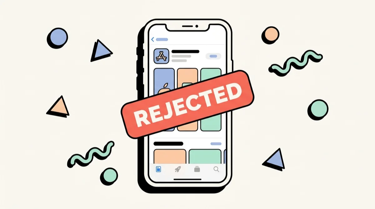 Illustration: an App Store listing on an iPhone stamped REJECTED