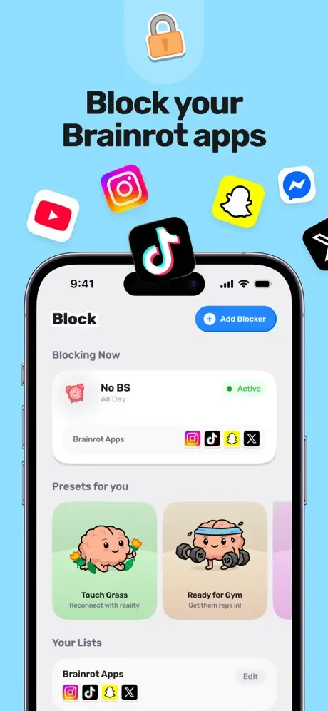 Store screenshot: a sky-blue layout with app icons scattered above a phone showing a screen-time blocker