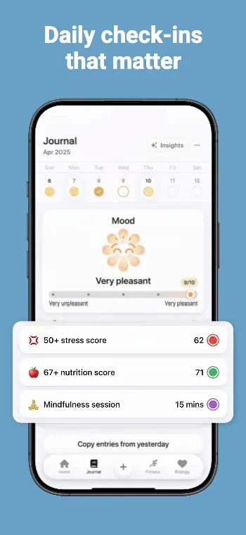 Store screenshot: a muted blue layout with a journal screen and floating score cards