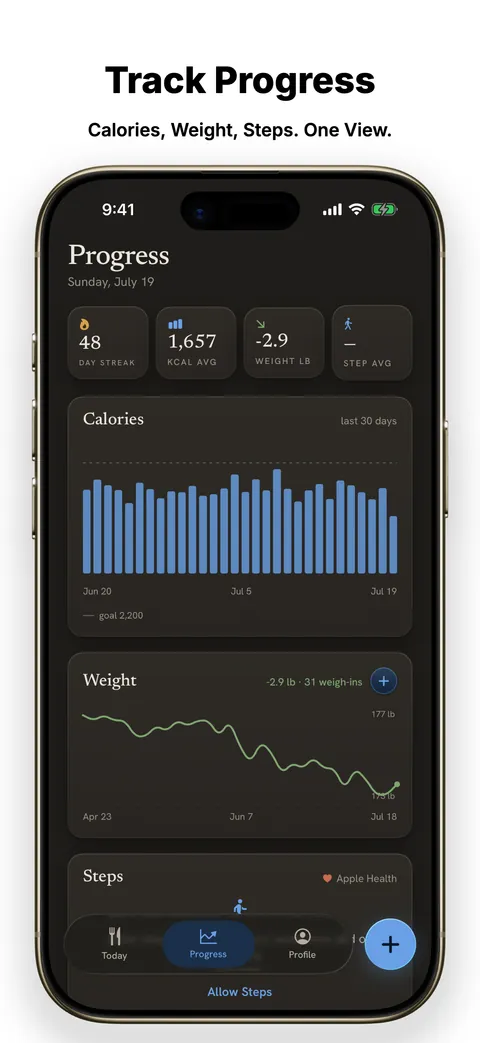 Store screenshot: a bold headline above a dark iPhone showing calorie, weight and step charts