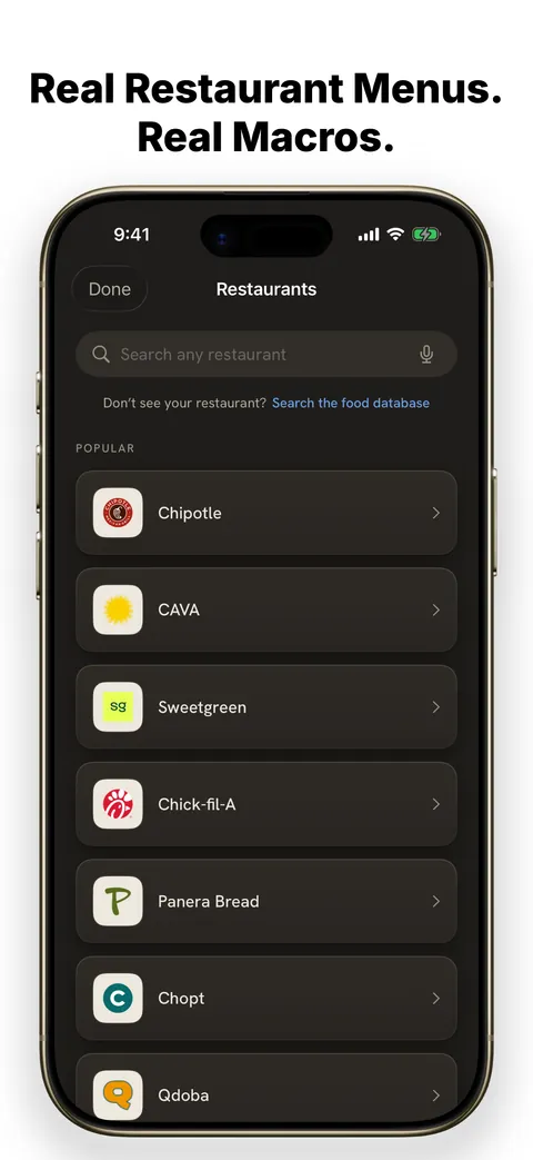 Store screenshot: a bold two-line headline above a dark iPhone listing restaurant menus