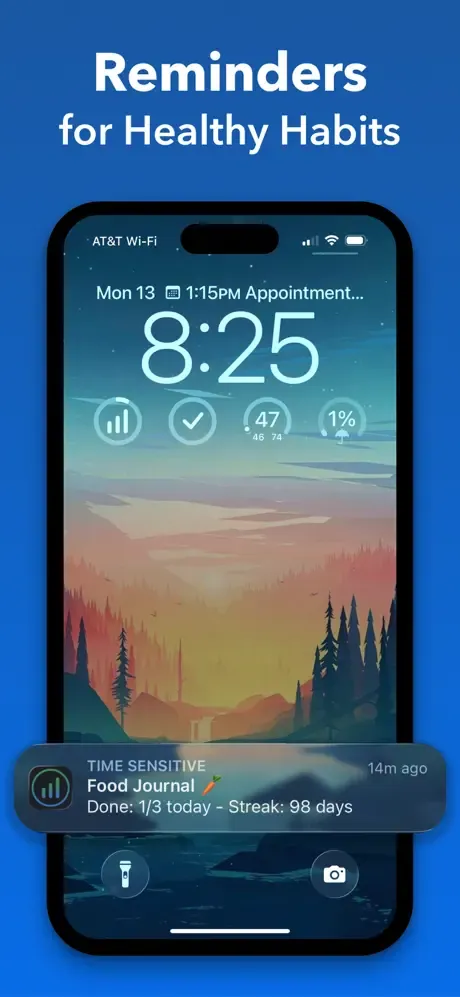 Store screenshot: a deep blue layout showing a lock-screen widget and reminder notification