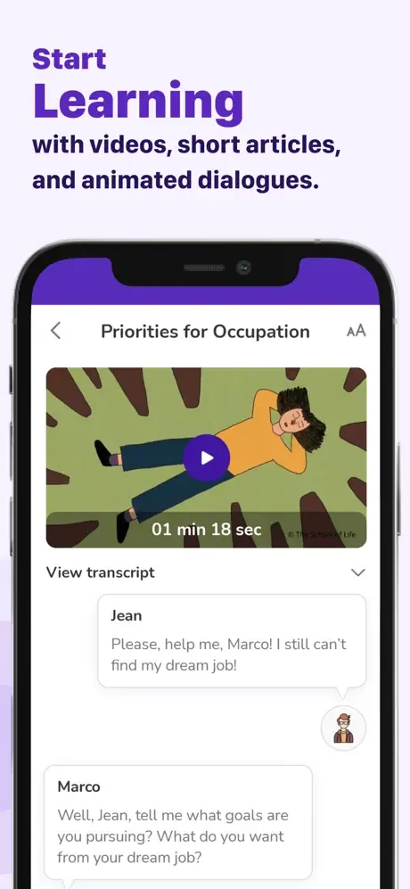 Store screenshot: a pale lilac layout with stacked violet headline text above a lesson screen