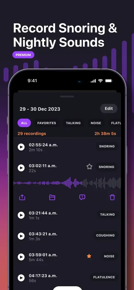 Store screenshot: a dark purple layout with an audio waveform behind a sleep-recording list