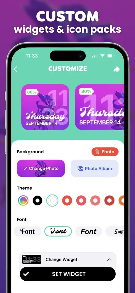 Store screenshot: a vivid purple and mint layout showing a widget customisation screen