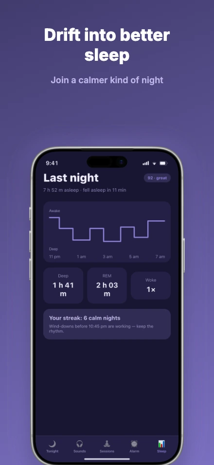 Drift app screenshot template, screen 5 of 5 — Drift — a sleep & meditation app
