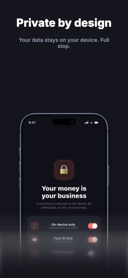 Ledger app screenshot template, screen 5 of 5 — Ledger — a personal finance app