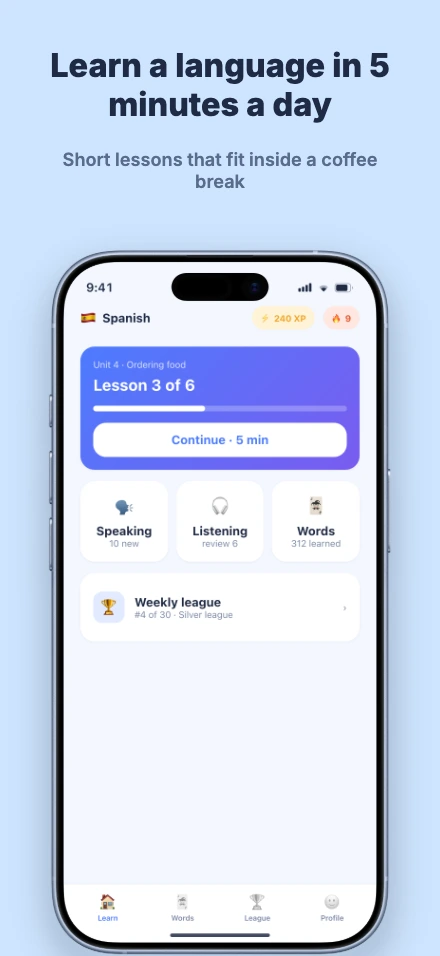 Lingo app screenshot template, screen 1 of 5 — Lingo — a language-learning app
