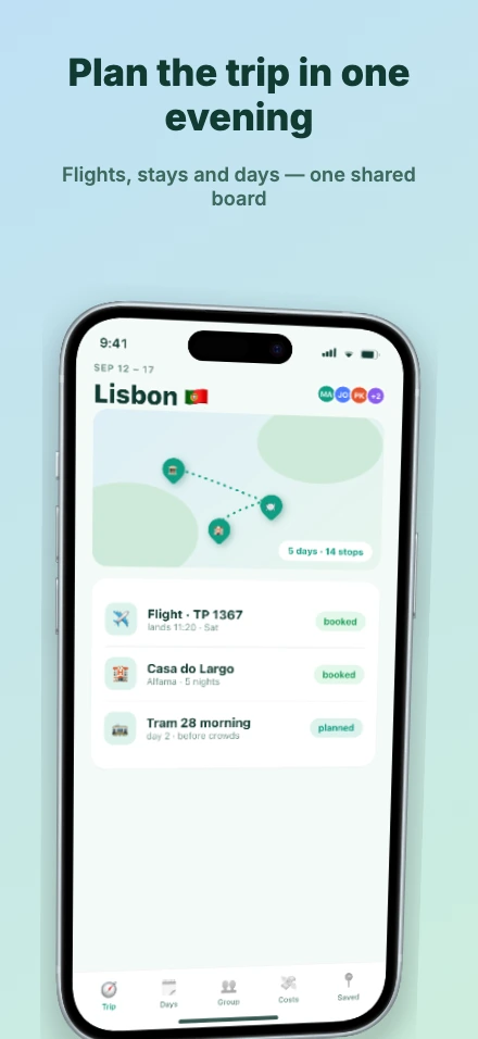 Roam app screenshot template, screen 1 of 5 — Roam — a trip planner
