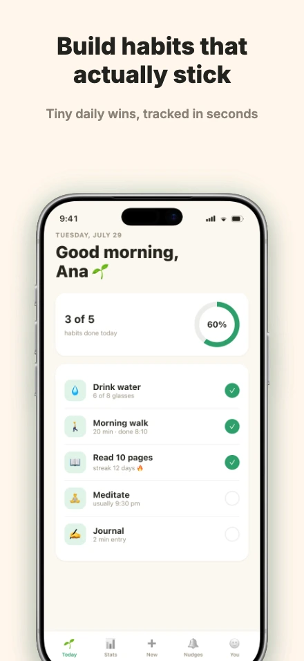 Sprout app screenshot template, screen 1 of 5 — Sprout — a habit tracker